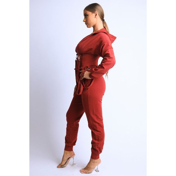 Women's Long Sleeve Zip-Up Strappy Terry Casual Hoodie Two-Piece Set Super Cute - Picture 5 of 12